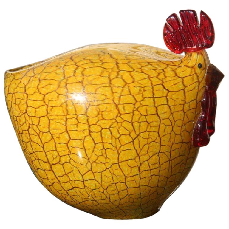 Murano Glass Hen 1970s Italia Design Yellow and Red Craquele Rooster