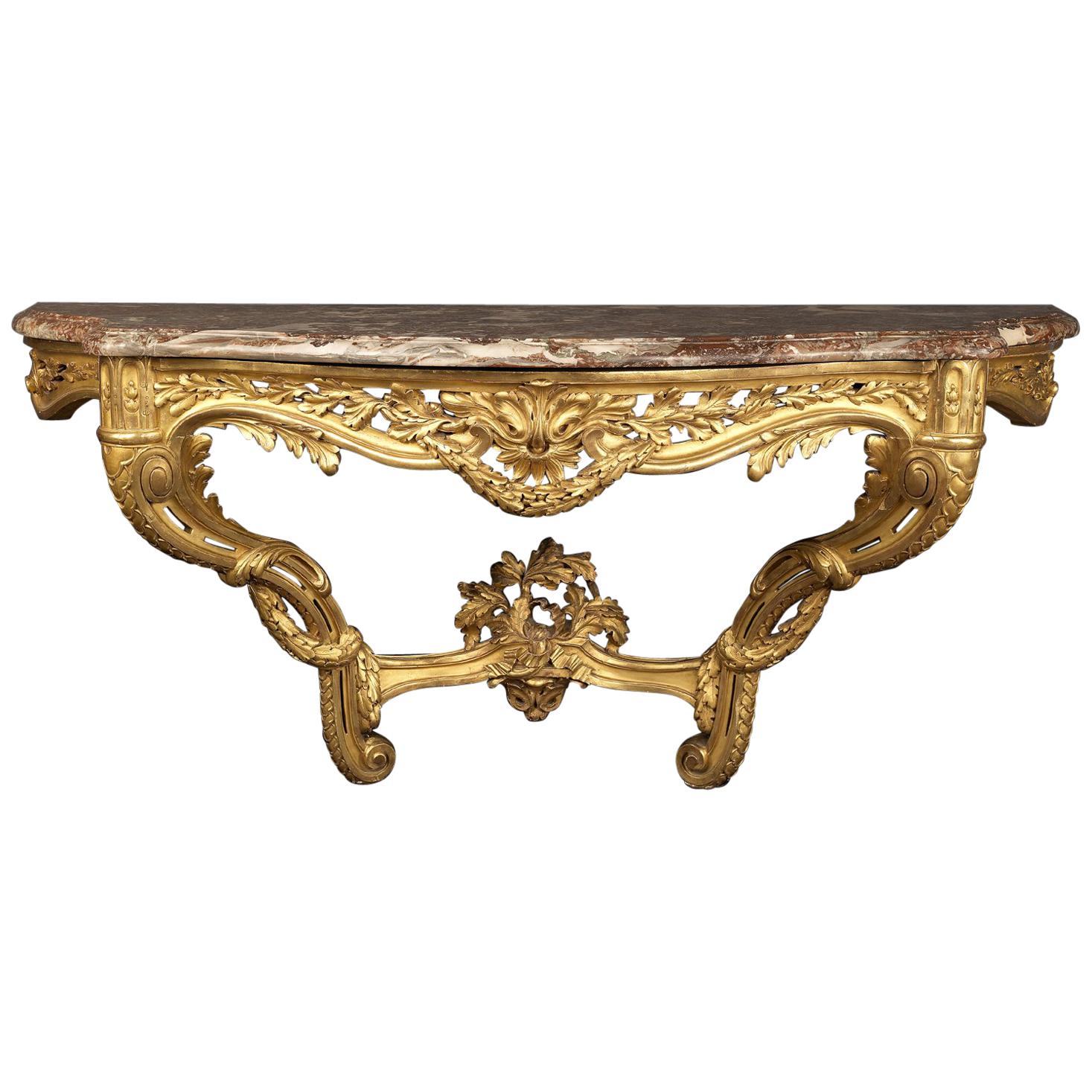 Transitional Style Carved Giltwood Console Table with a Marble Top, circa 1880 For Sale