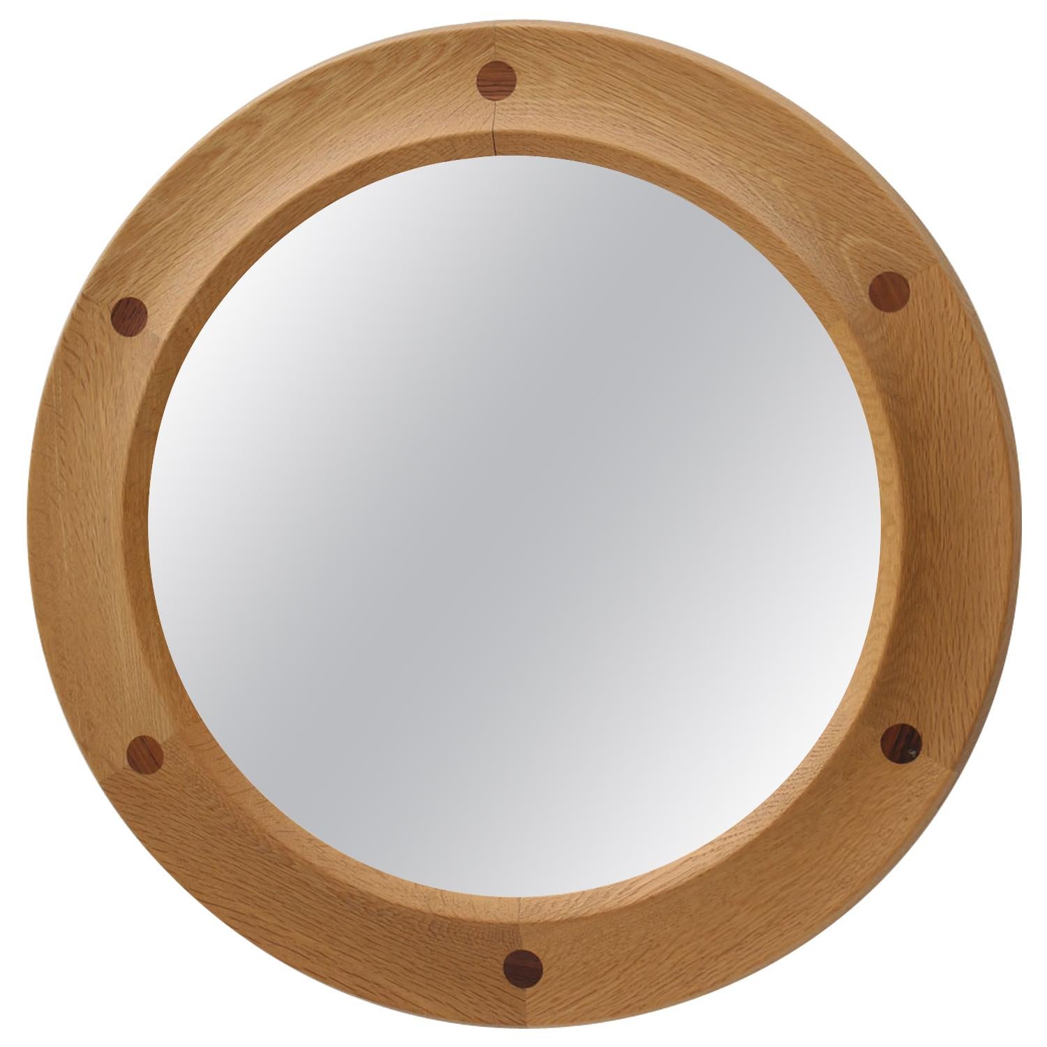 Round Swedish Midcentury Mirror in Oak and Rosewood by Nybrofabriken Fröseke