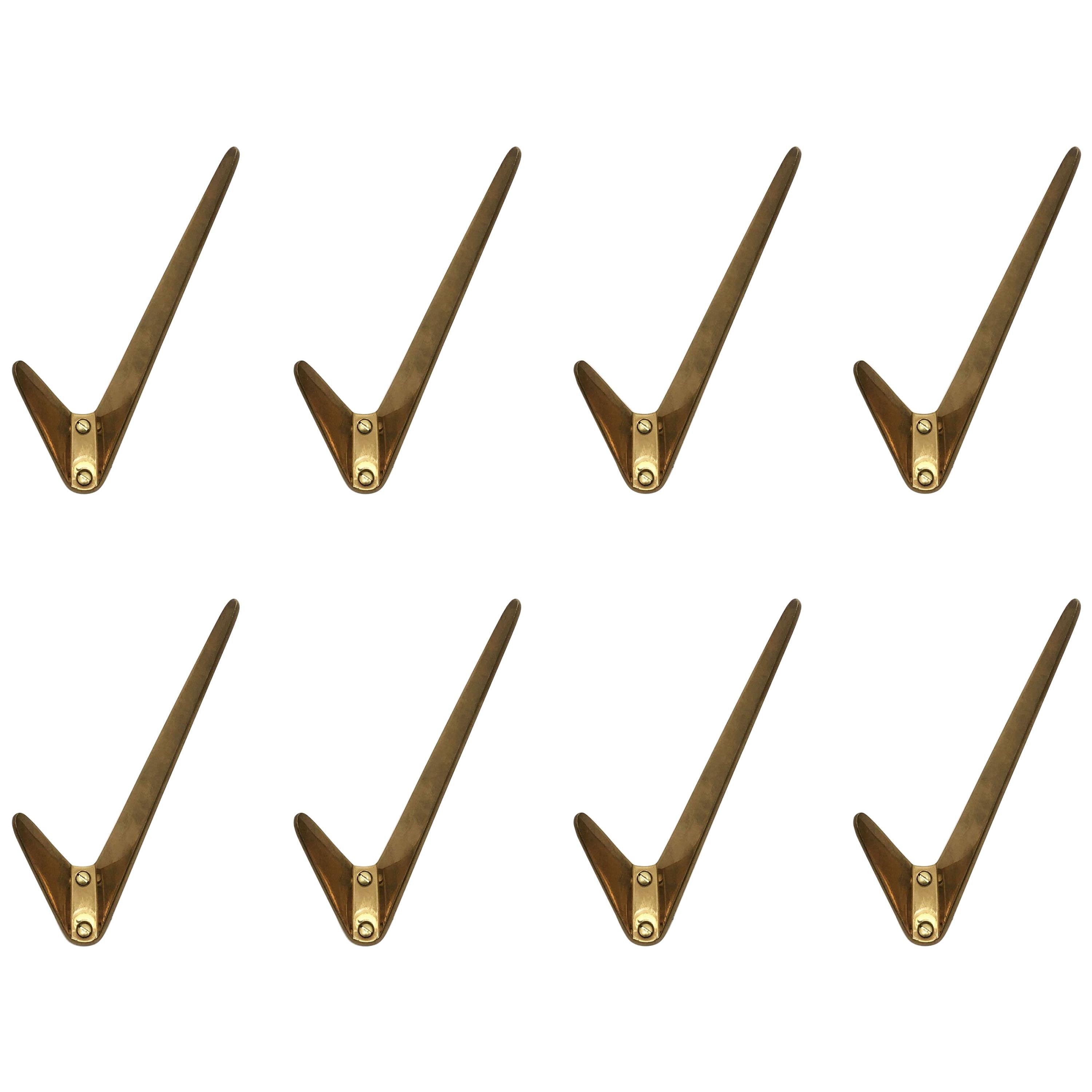 Asymmetric Modernist Wall Mounted Brass Wall Hooks Set of Eight, Austria 1950s For Sale