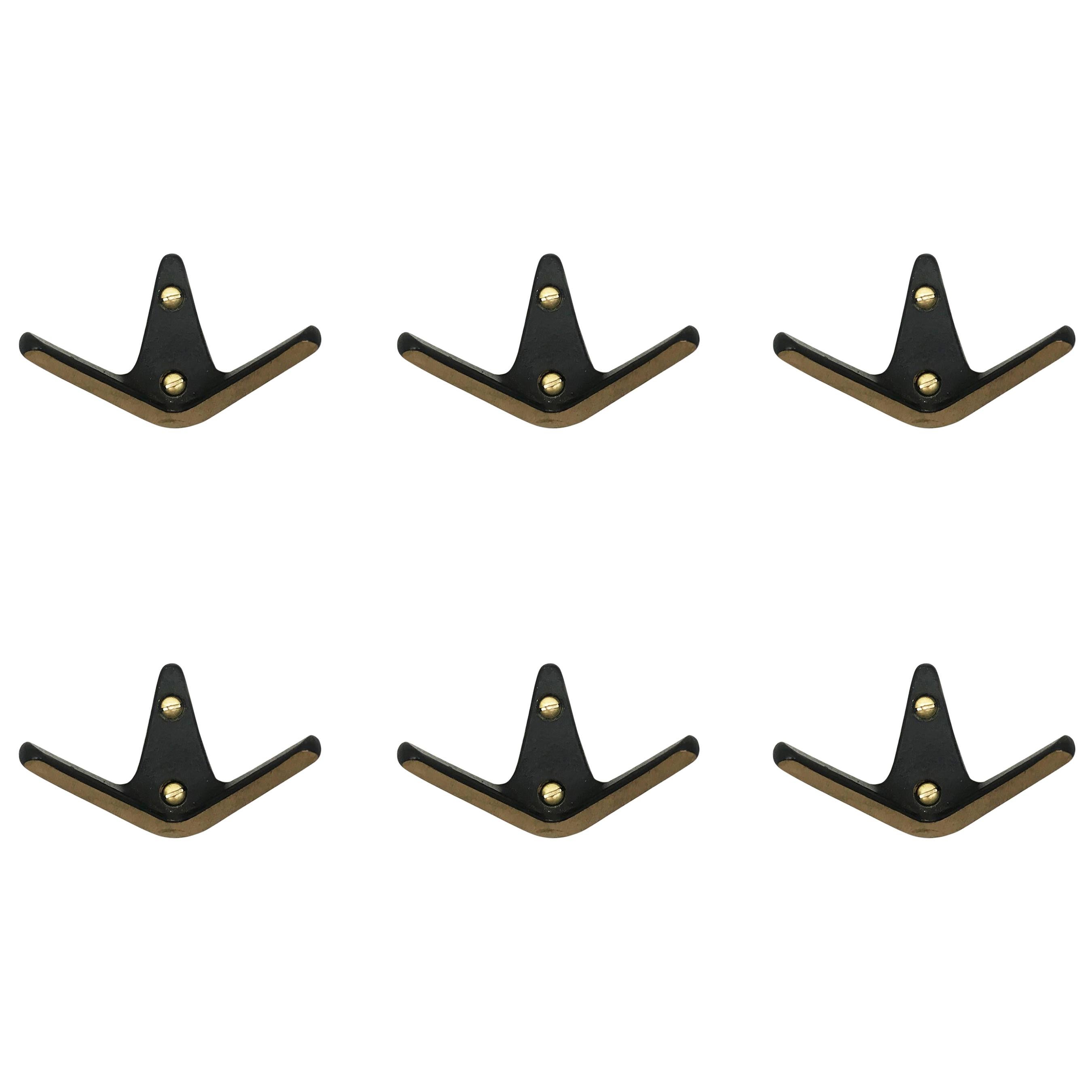 Austrian Brass Wall Coat Hooks by Hertha Baller Set of Six, Austria, 1950s For Sale