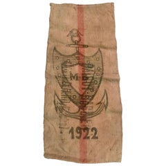 Antique 1922 French Nautical Jute Shipping Sack with Printed Shield and Anchor Logo