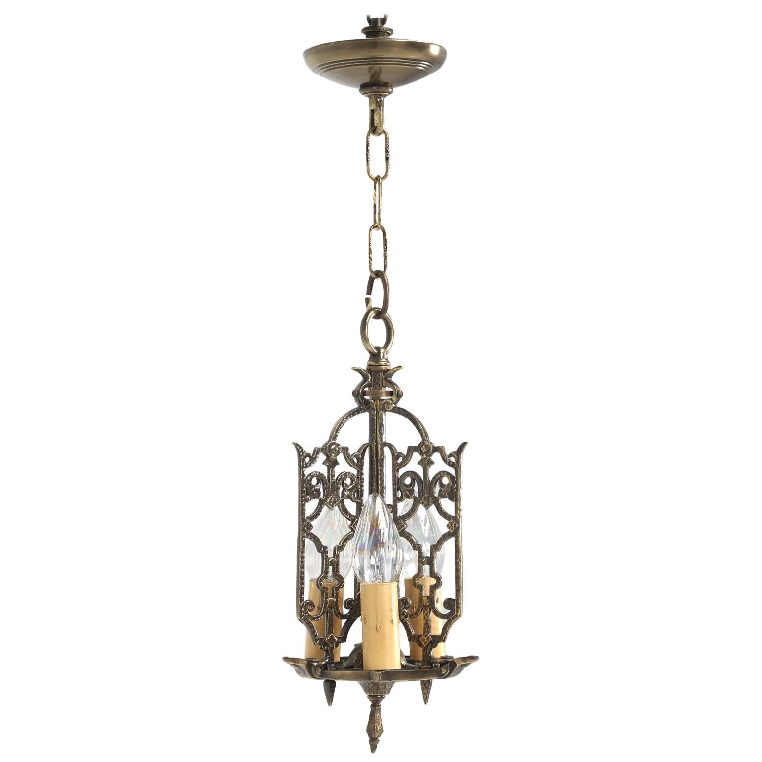 Chandelier, American Made of Solid Brass from a circa 1908 Arts & Craft Home For Sale