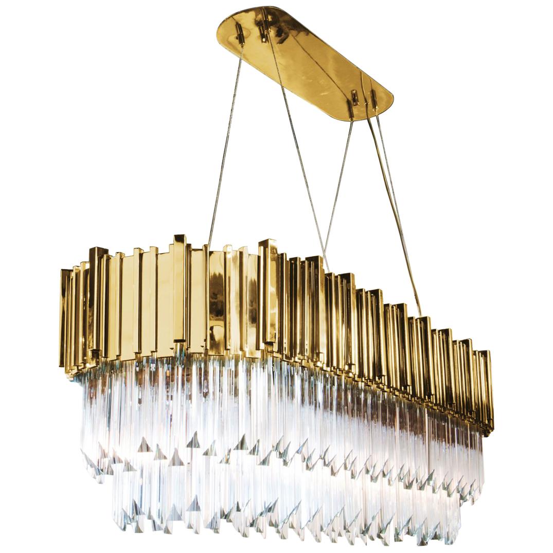 Lustre d'ambassadeur long ovale avec pendentifs en cristal