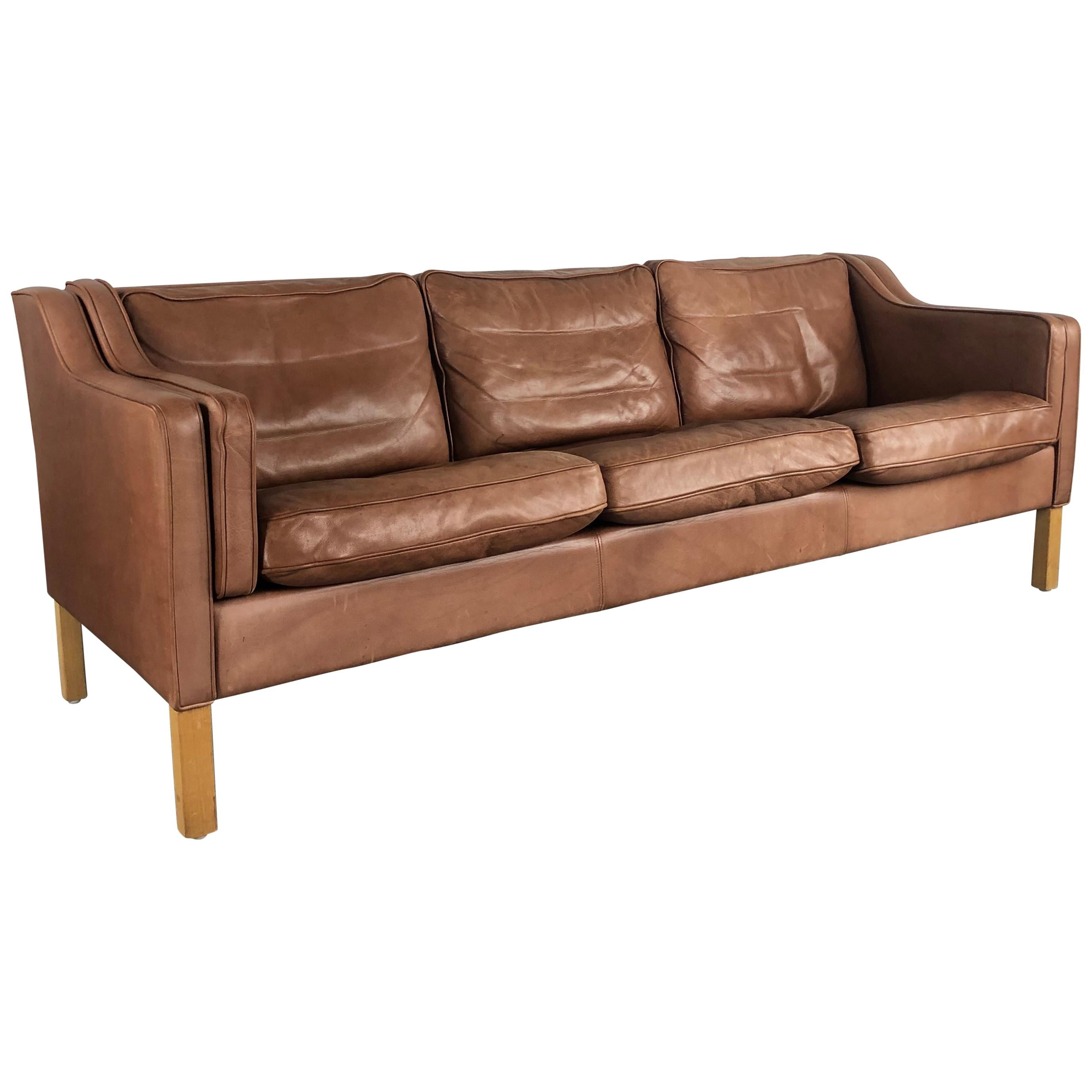 Vintage Midcentury Danish Mogensen Style Three-Seat Sofa in Brown