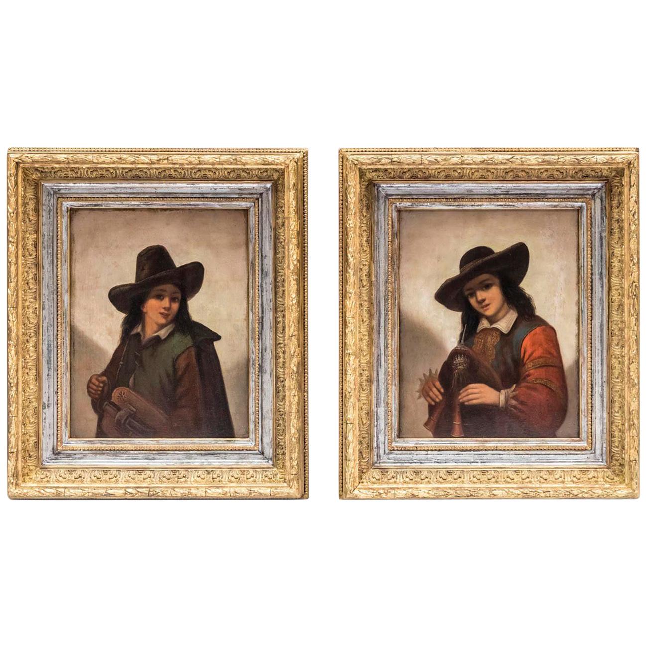 P. Robert, Pair of Oil on Panels Figuring Children with Hats, 19th Century