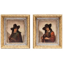 P. Robert, Pair of Oil on Panels Figuring Children with Hats, 19th Century