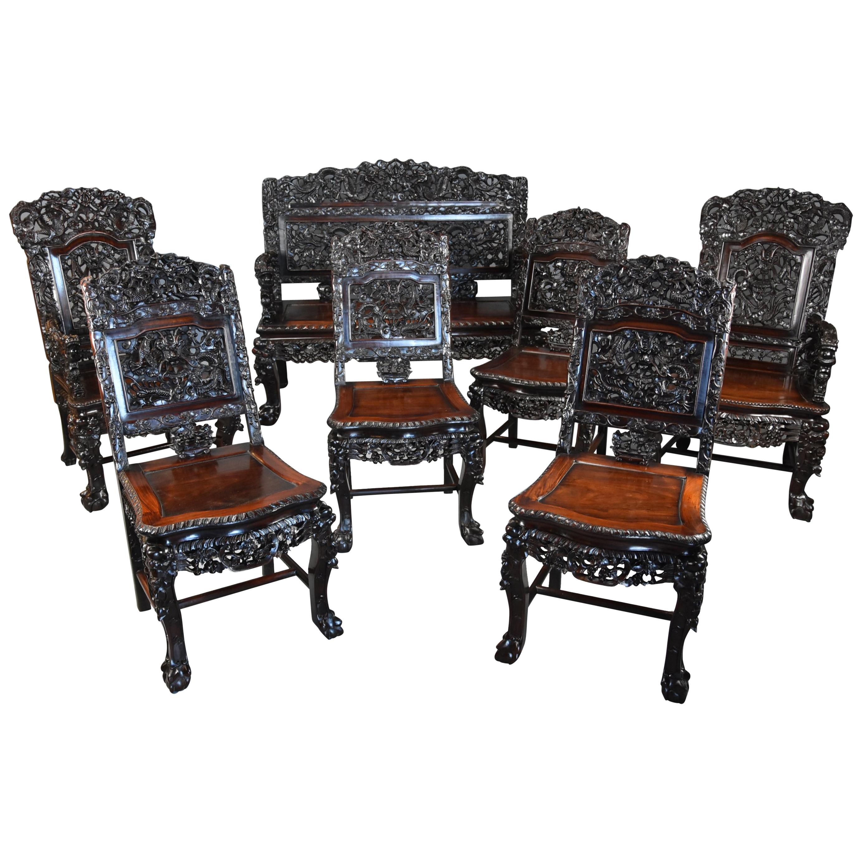 Superb Quality 19th Century Chinese Profusely Carved Padouk Seven Piece Suite