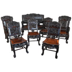 Antique Superb Quality 19th Century Chinese Profusely Carved Padouk Seven Piece Suite