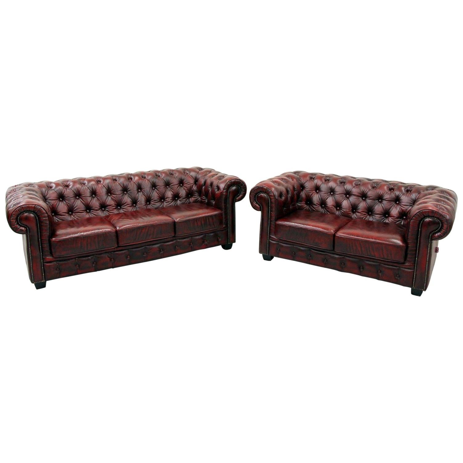 2 Chesterfield Sofa Leather Antique Vintage Couch English Chippendale im Angebot