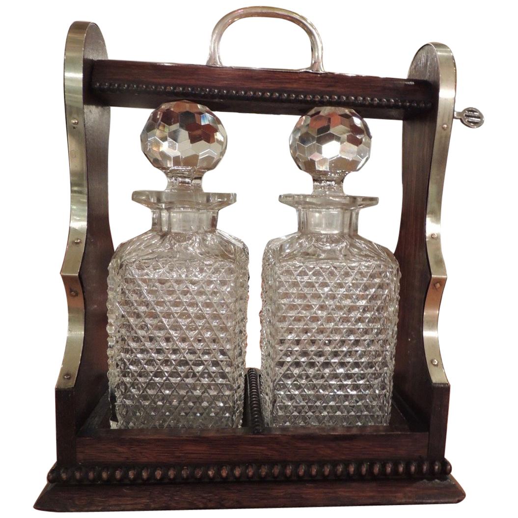 English Crystal Tantalus in Locked Wooden Case by Rodolfo Eisler For Sale