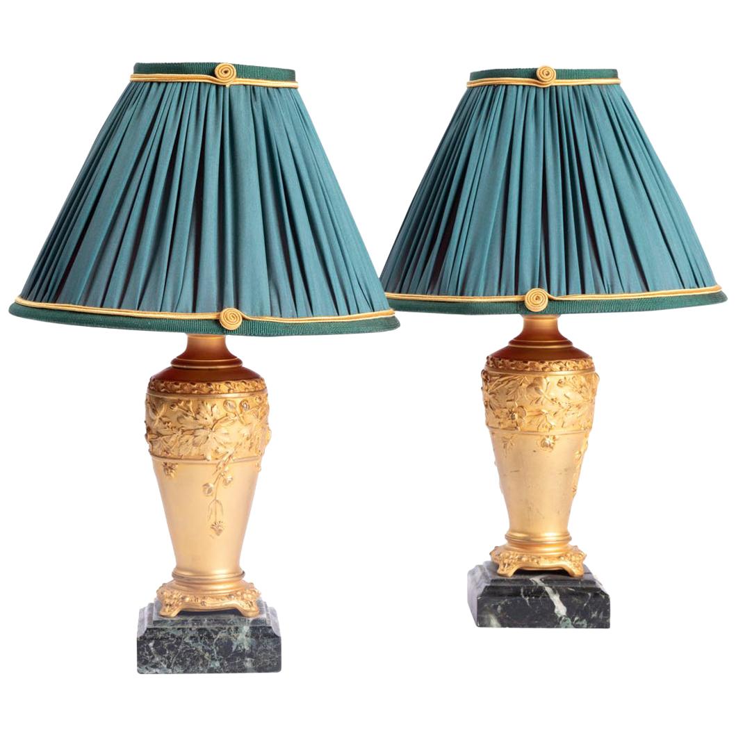 Paul Louchet, Pair of Gilt Bronze Bedside Lamps, Art Nouveau Period
