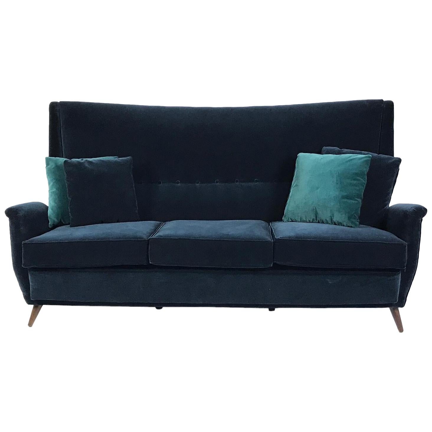 Gio Ponti 3-Seat Wingback Sofa Newly Upholstered in Blue Velvet