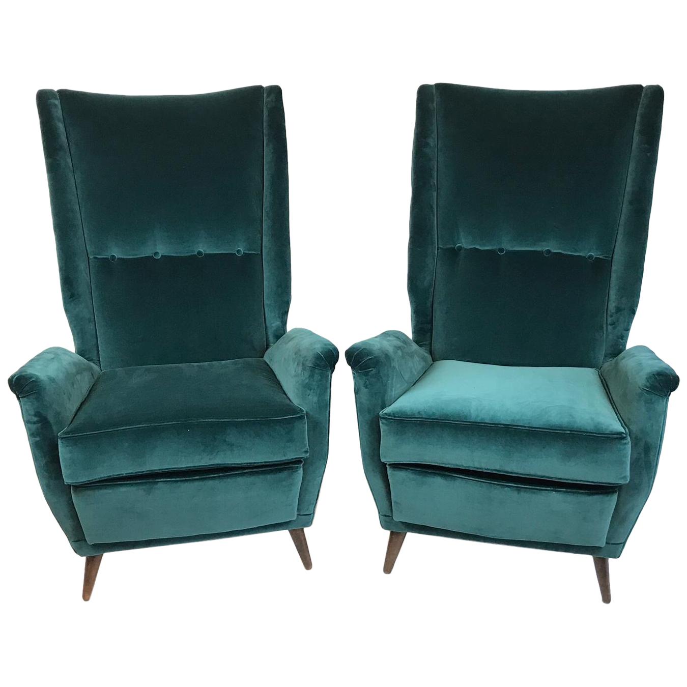 Gio Ponti Pair of High Back Armchairs Newly Upholstered in Teal Velvet