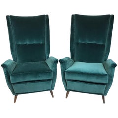 Gio Ponti Pair of High Back Armchairs Newly Upholstered in Teal Velvet