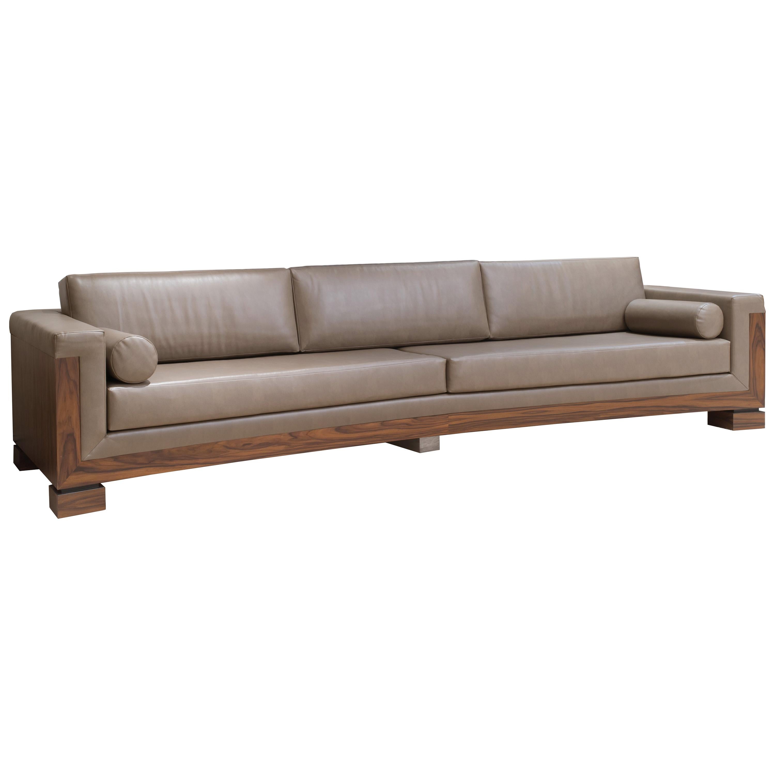 Contemporary Extra Long Taupe Leather, Extra Long Tufted Leather Sofa