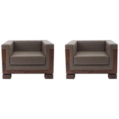 Pair of Contemporary Taupe Leather Armchairs
