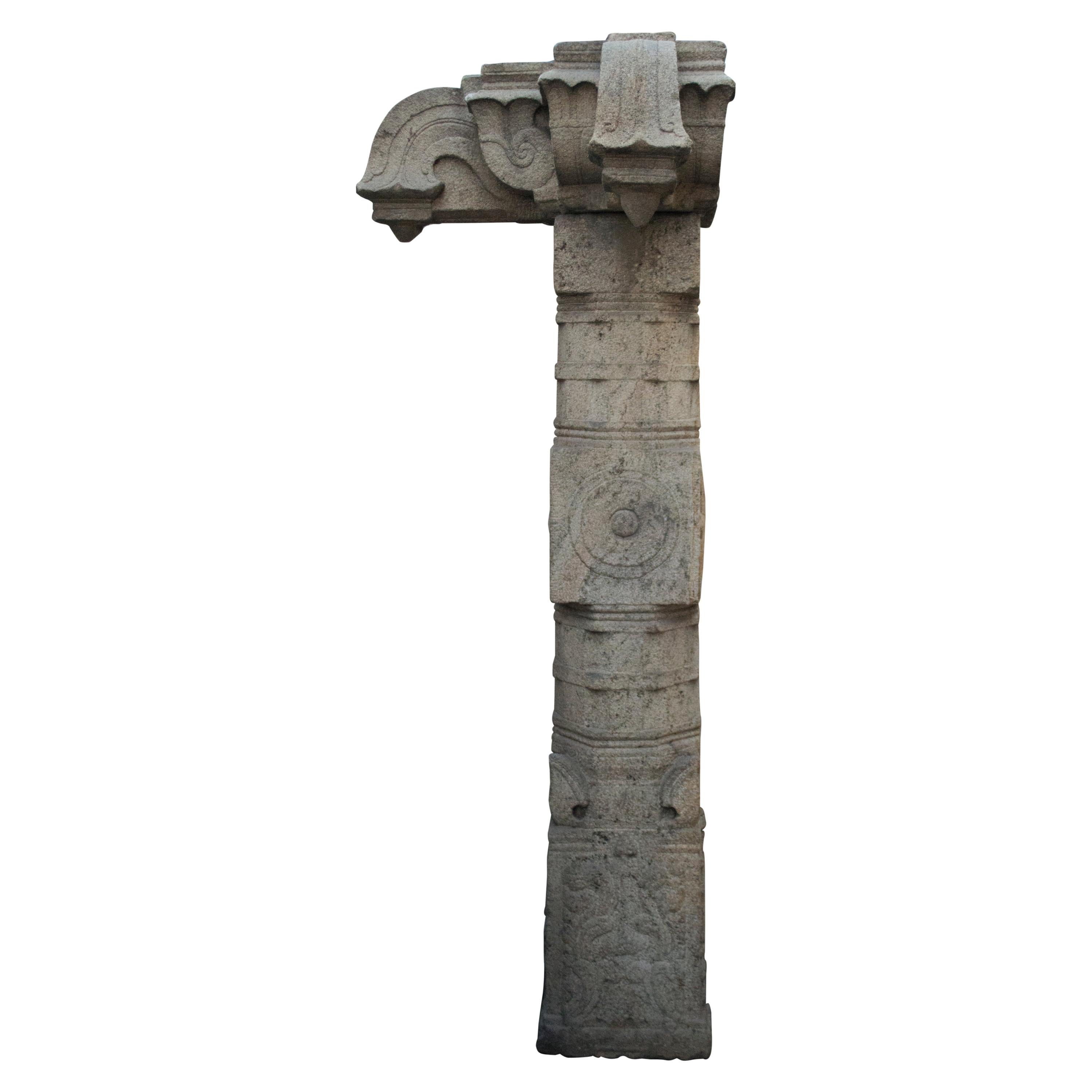 Kerala, Madras, South of India, Engraved Granite Column, Mandala and Naga Design For Sale
