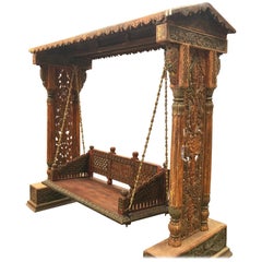 Antique 19th Century, Carved and Colored Teak Wood, Indian Swing