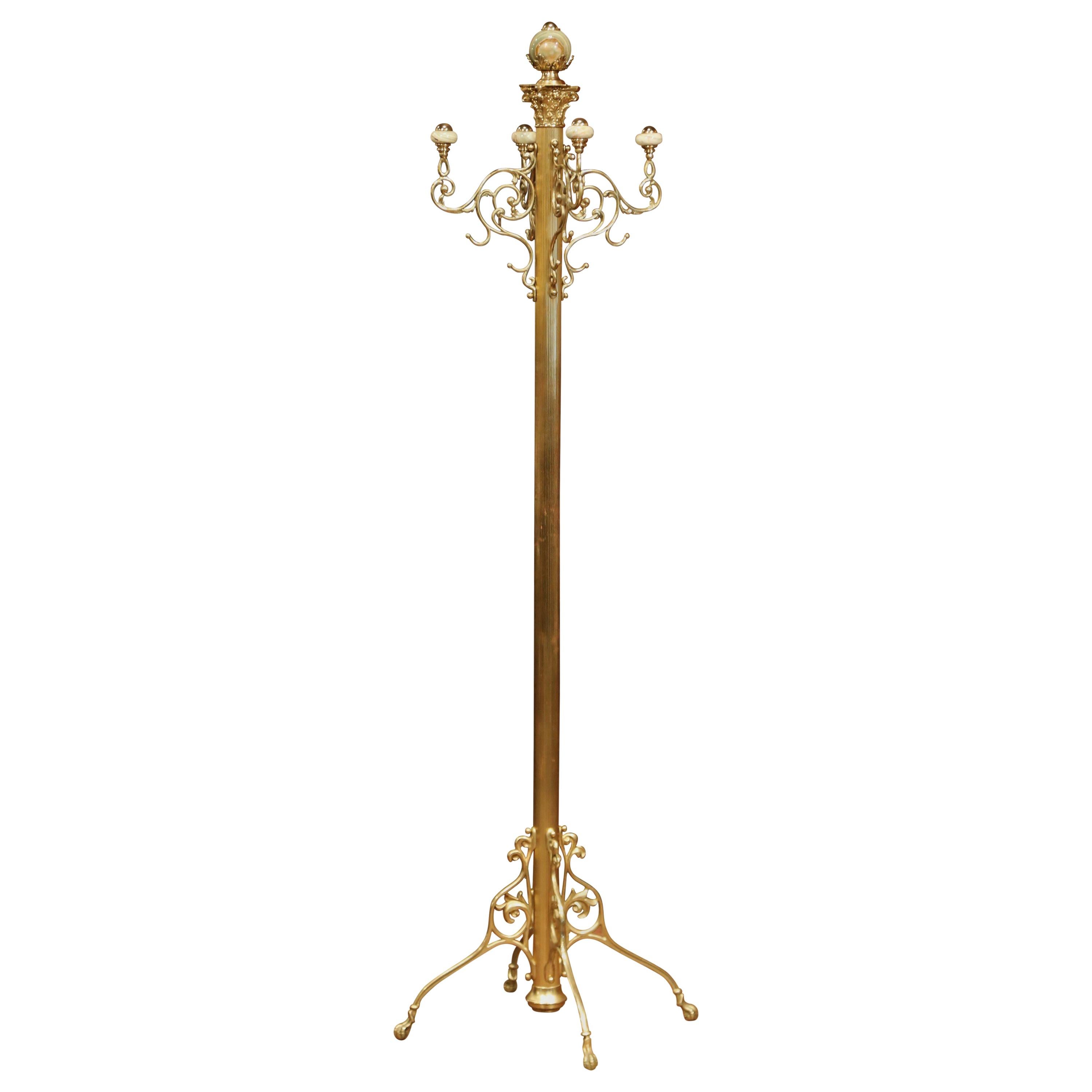 Mid-20th Century French Art Deco Ornate Brass and Marble Coat Stand