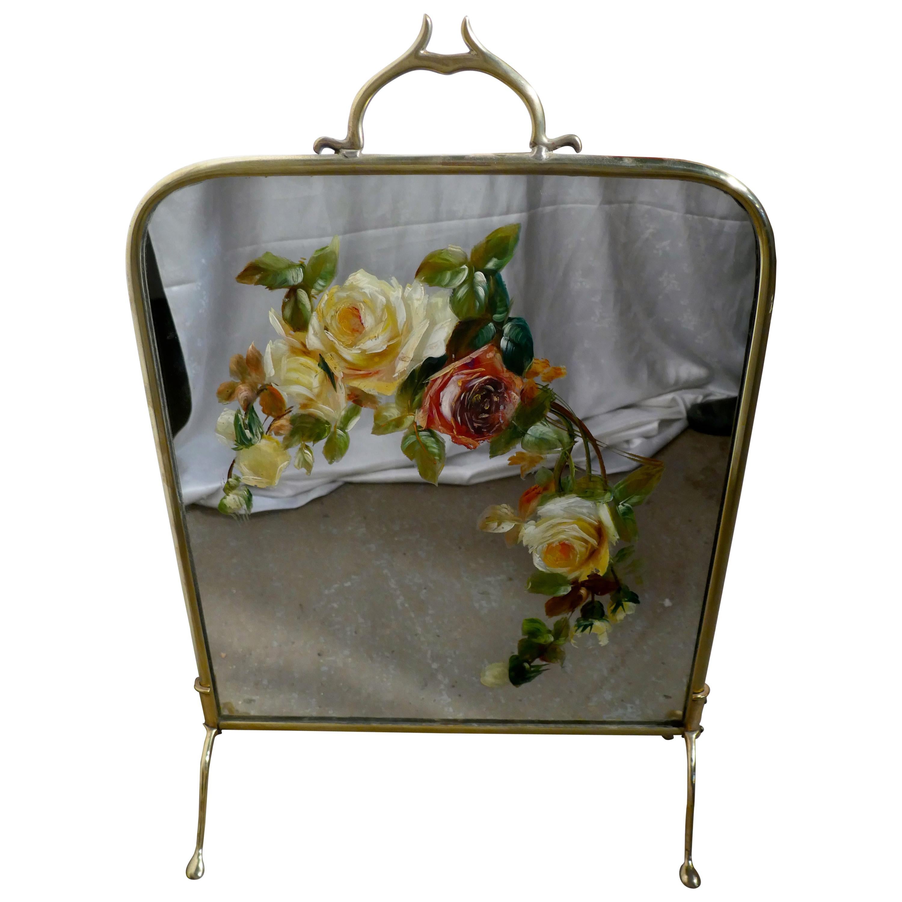 Victorian Brass and Roses Painted Mirror Fire Screen
