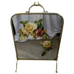 Antique Victorian Brass and Roses Painted Mirror Fire Screen