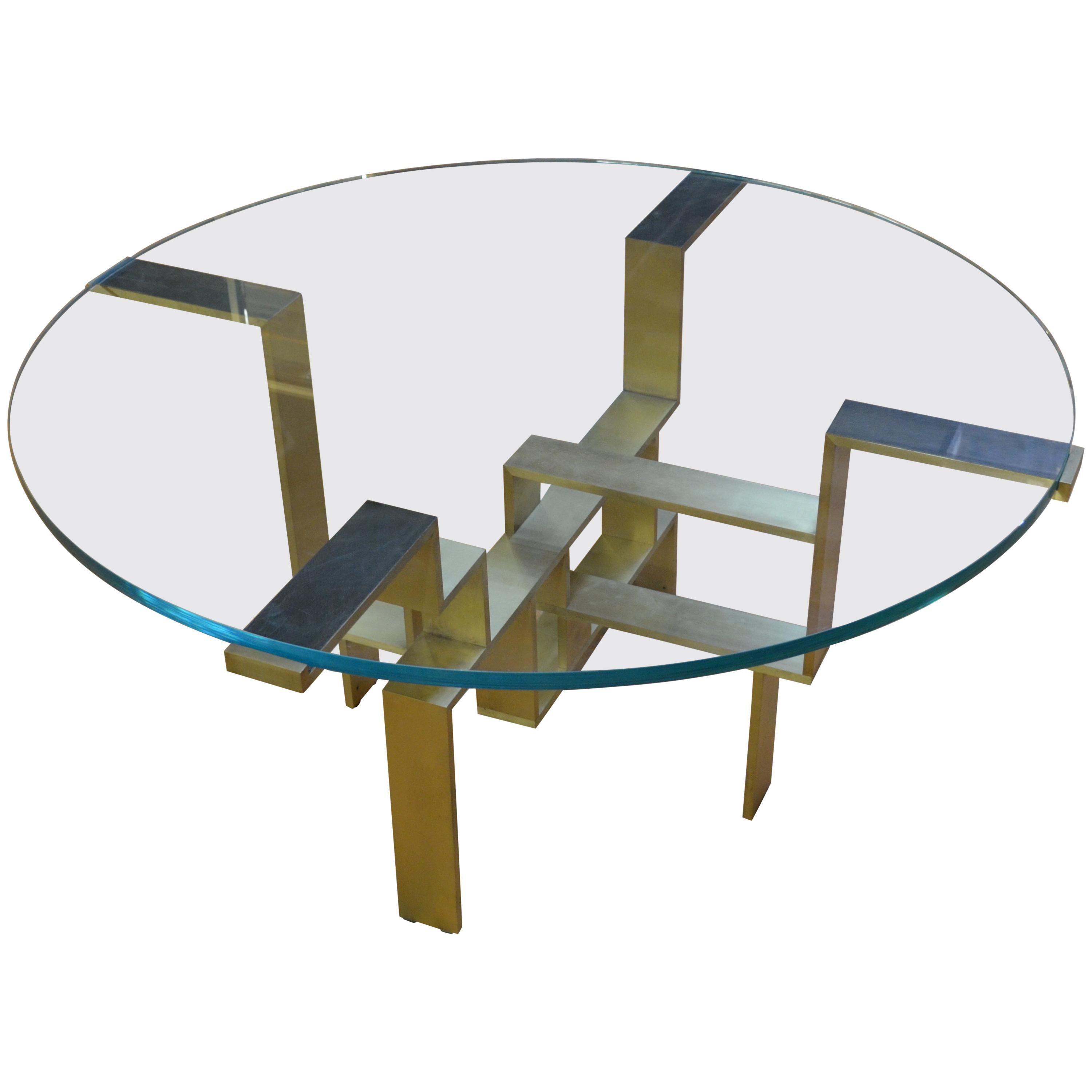 In-Stock Metropolis Glass Top Polished Brass Base Table For Sale