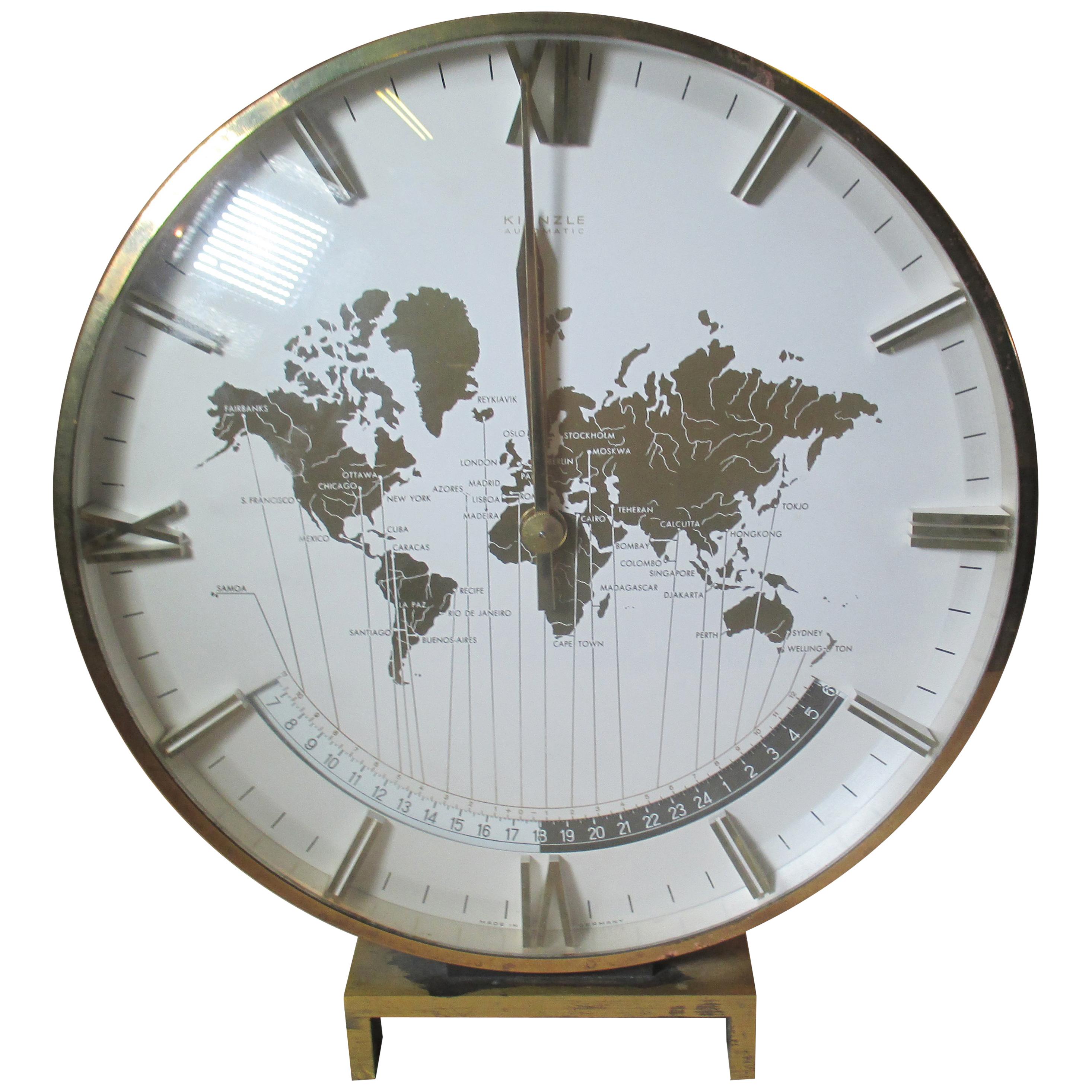 Kienzle Mid-Century Modern Brass and Glass World Time Zone Clock