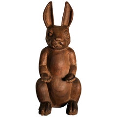 Monumental Hand Carved Rabbit Outstretched Paws and Pricked Ears Signed
