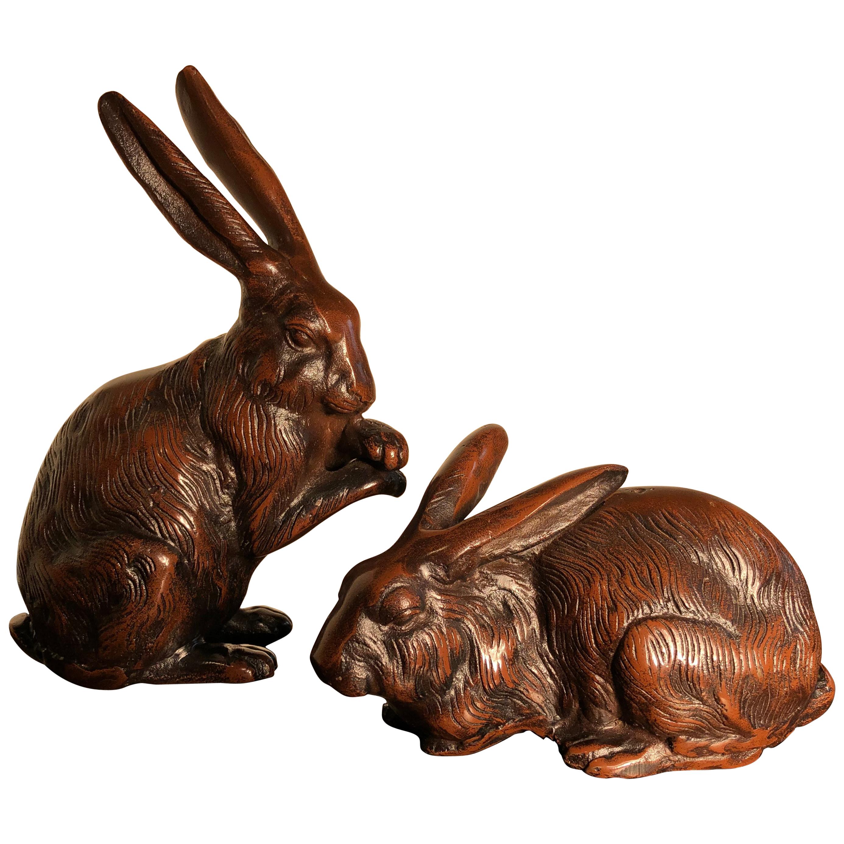 Fine Pair of Big Hand Cast Bronze Playful Rabbits from Old Japan, Best in Class