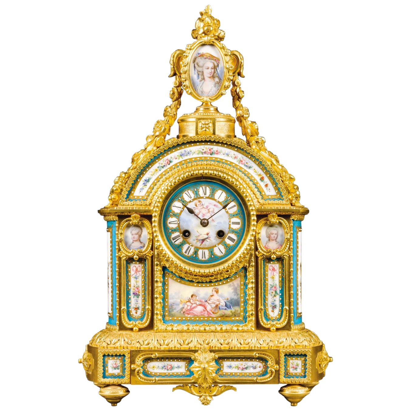 Elaborate Gilt Bronze and Sèvres-style Porcelain Mantel Clock, circa 1870