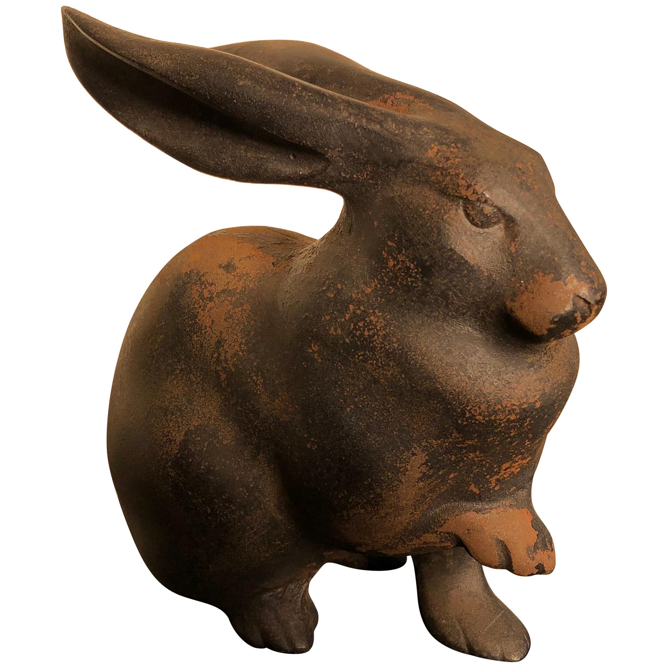 Japan Tall Elegant Antique Bronze Rabbit Usagi Unusual Paw, Well Sculpted & Box