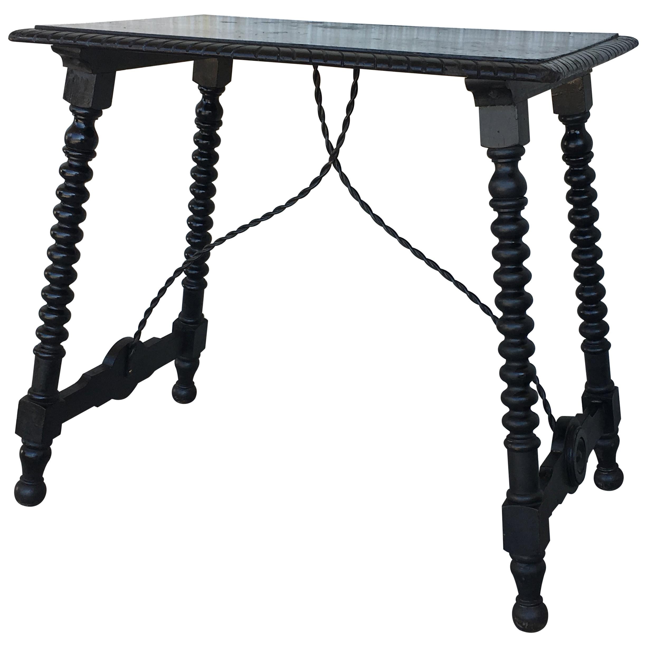 19th Century Spanish Side Table with Iron Stretcher, End Table