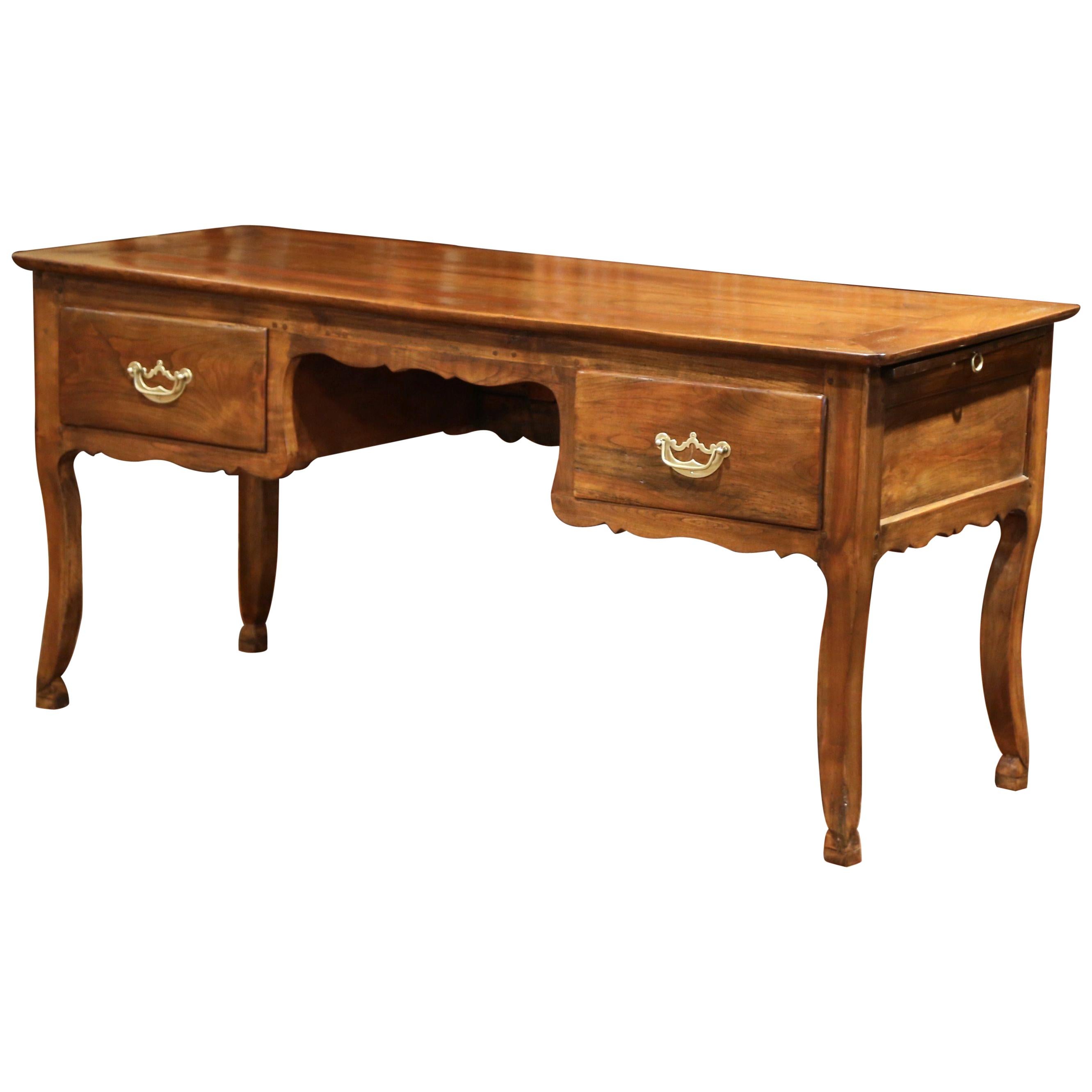 19th Century French Louis XV Carved Cherry Desk with Drawers and Pull Out Trays