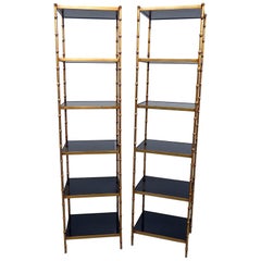 Pair Narrow French Maison Bagues Style Faux Bamboo Gilded Étagères by Century  	