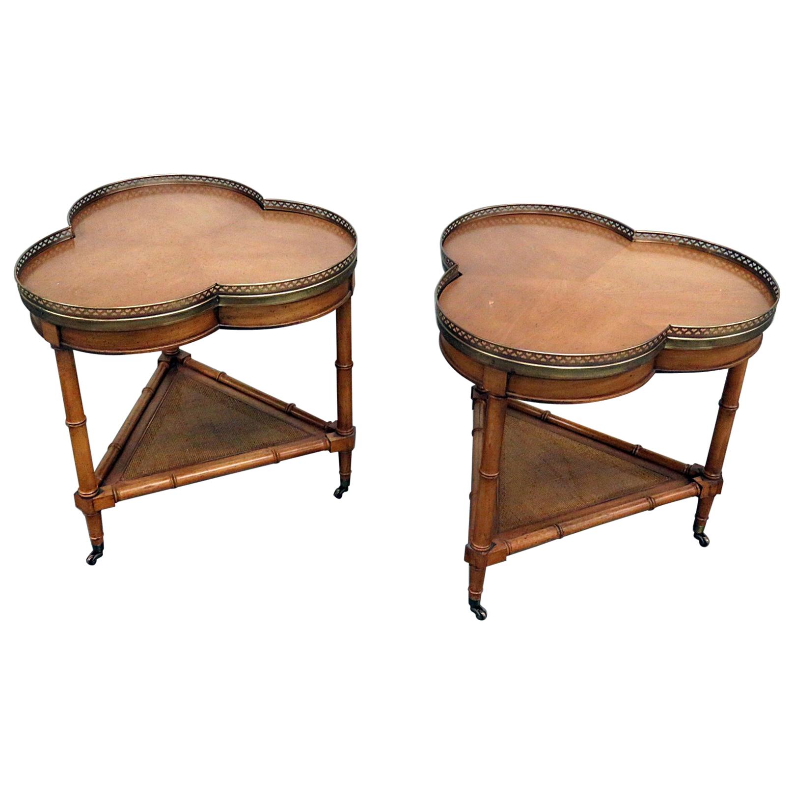 Pair of French Louis XVI Style Walnut Faux Bamboo Side Tables With Brass Gallery