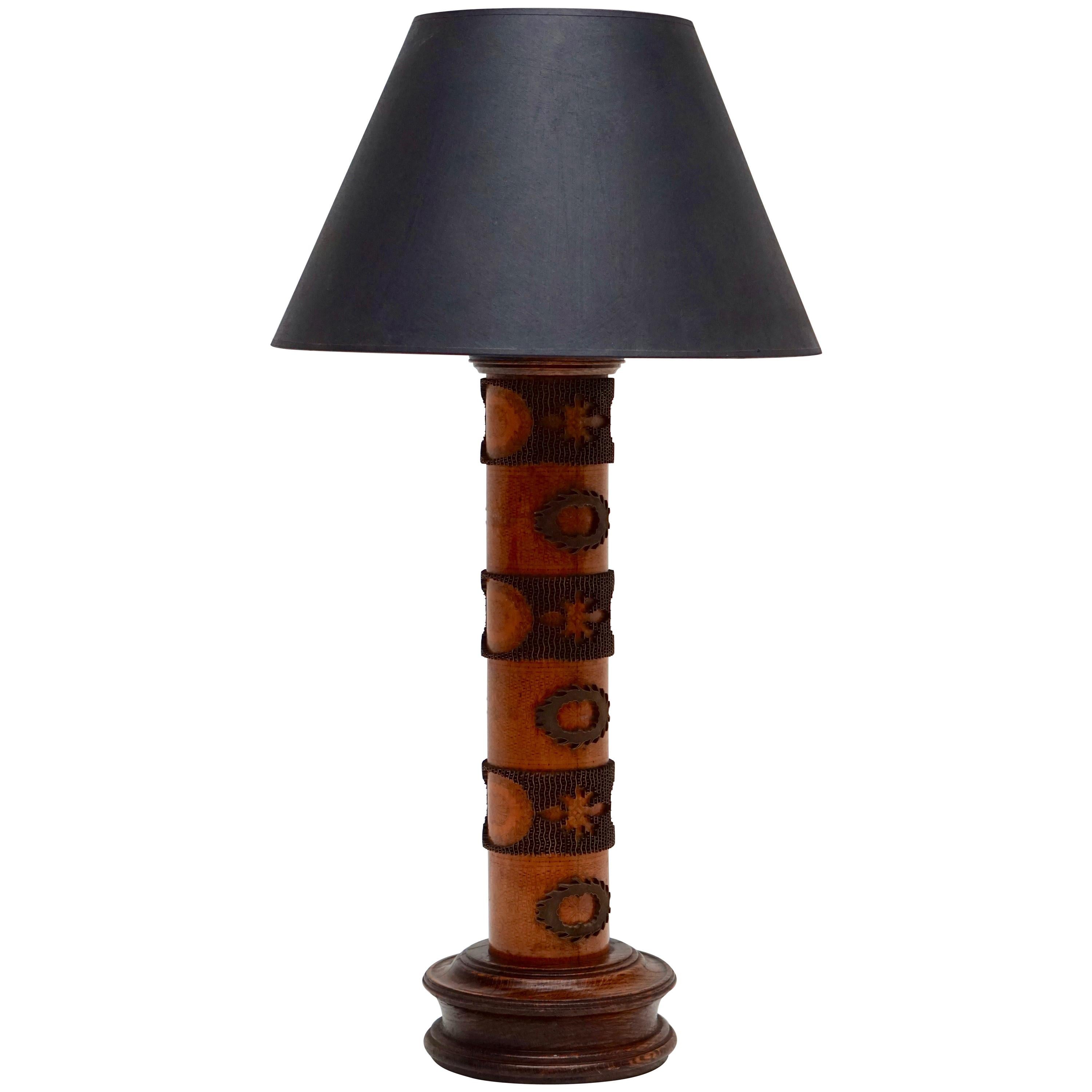 Table Lamp in Wood and Brass Made from an Old Stamp