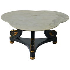 Ebonized Hollywood Regency Coffee Table Having Clover Shaped Carrara Marble Top