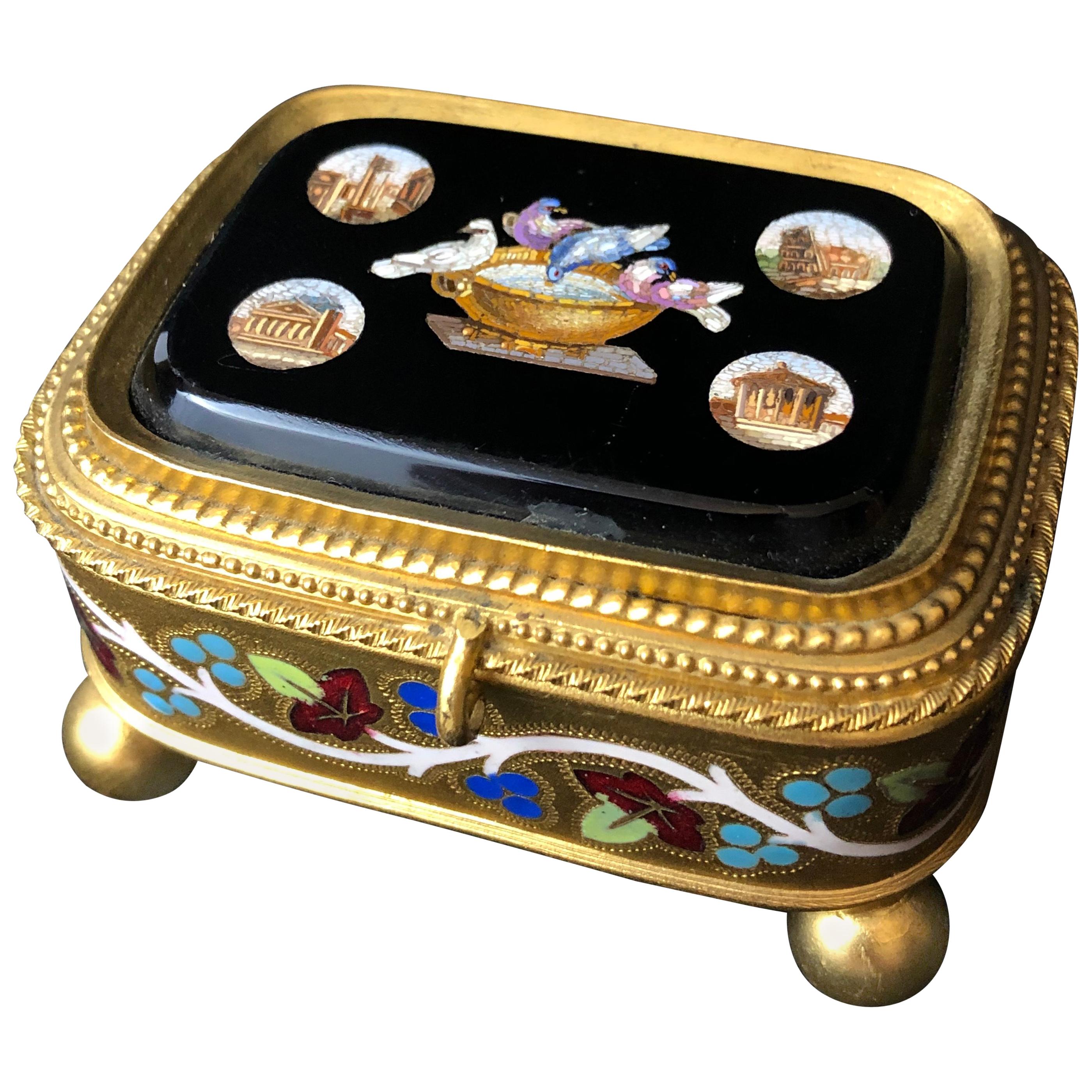 Cesare Roccheddiani Micro Mosaic Gilt and Enameled Jewel Box, Grand Tour For Sale