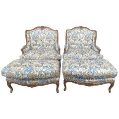 Pair of Country French Style Wingback Chairs and Ottomans