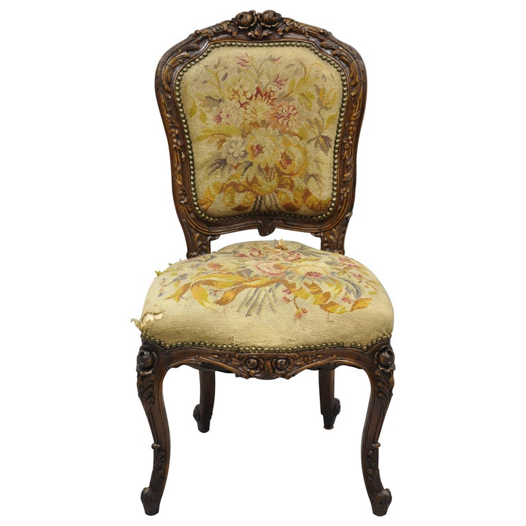 19th Century French Louis XV Style Carved Walnut Needlepoint Side Chair ...