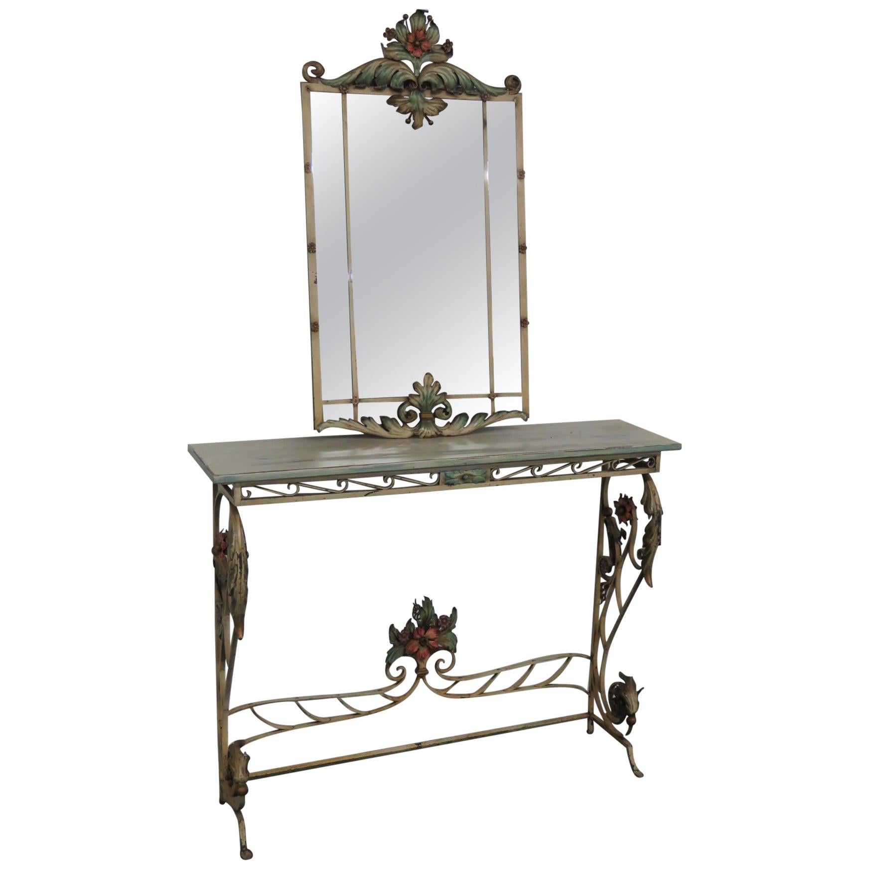 Paint Decorated Wrought Iron Italian Venetian Style Console and Mirror