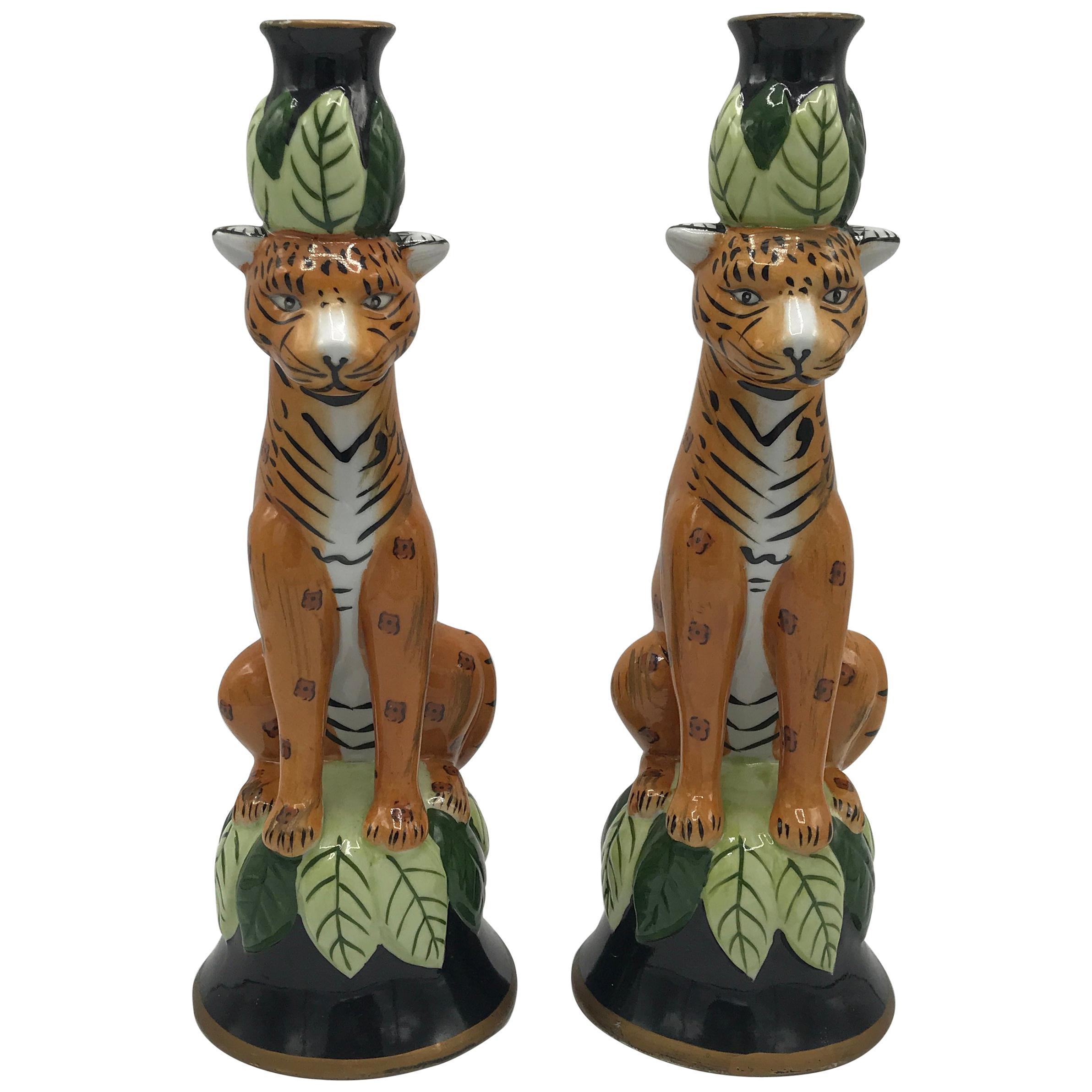 1980s Leopard Sculpture Candlestick Holders, Pair