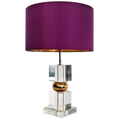 Midcentury Lucite and Brass Table Lamp with Custom Lampshade, 1970s