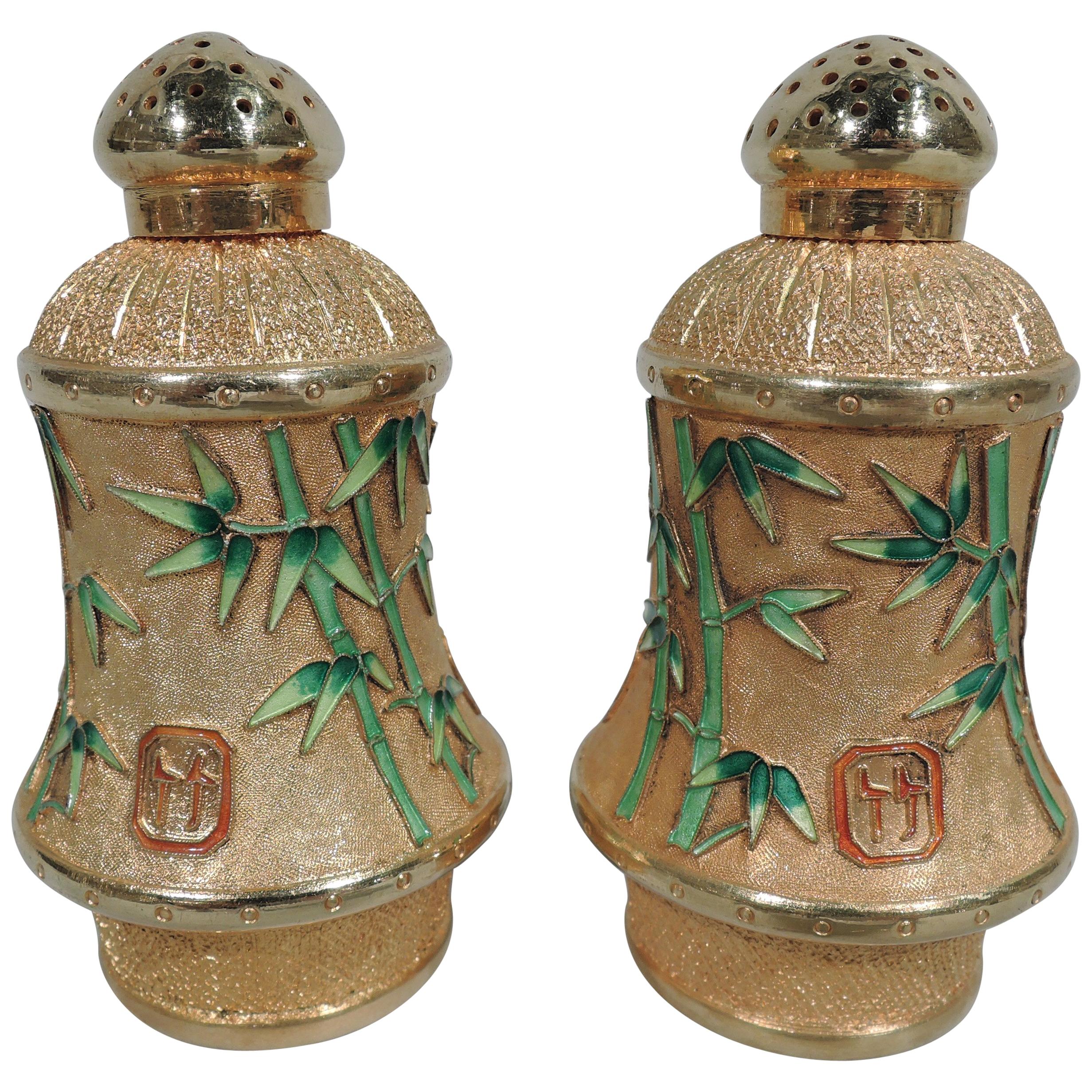 Pair of Chinese Silver Gilt and Enamel Bamboo Salt and Pepper Shakers