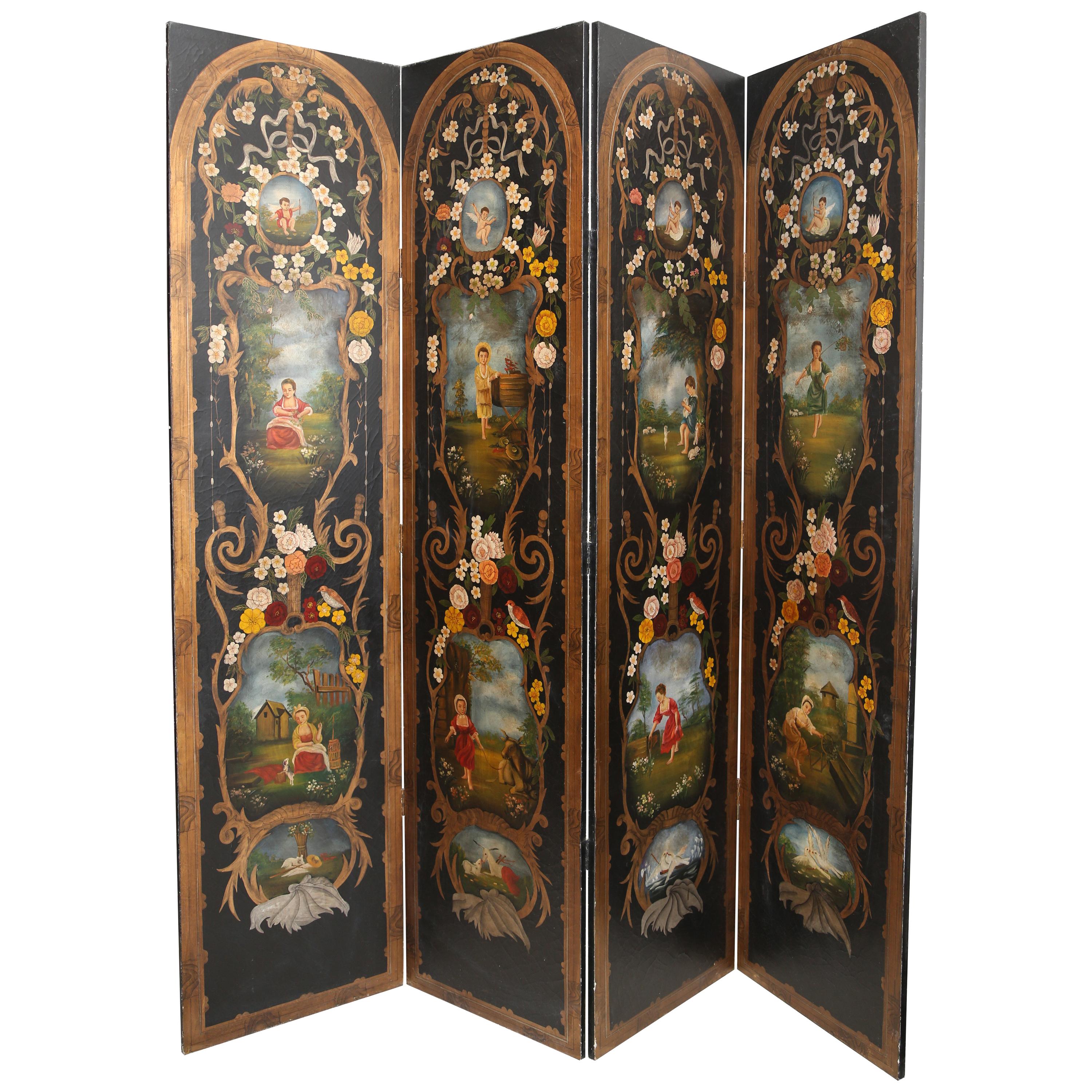 Superb Large 20th Century European Hand Painted Four-Fold Screen