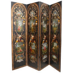 Antique Superb Large 20th Century European Hand Painted Four-Fold Screen