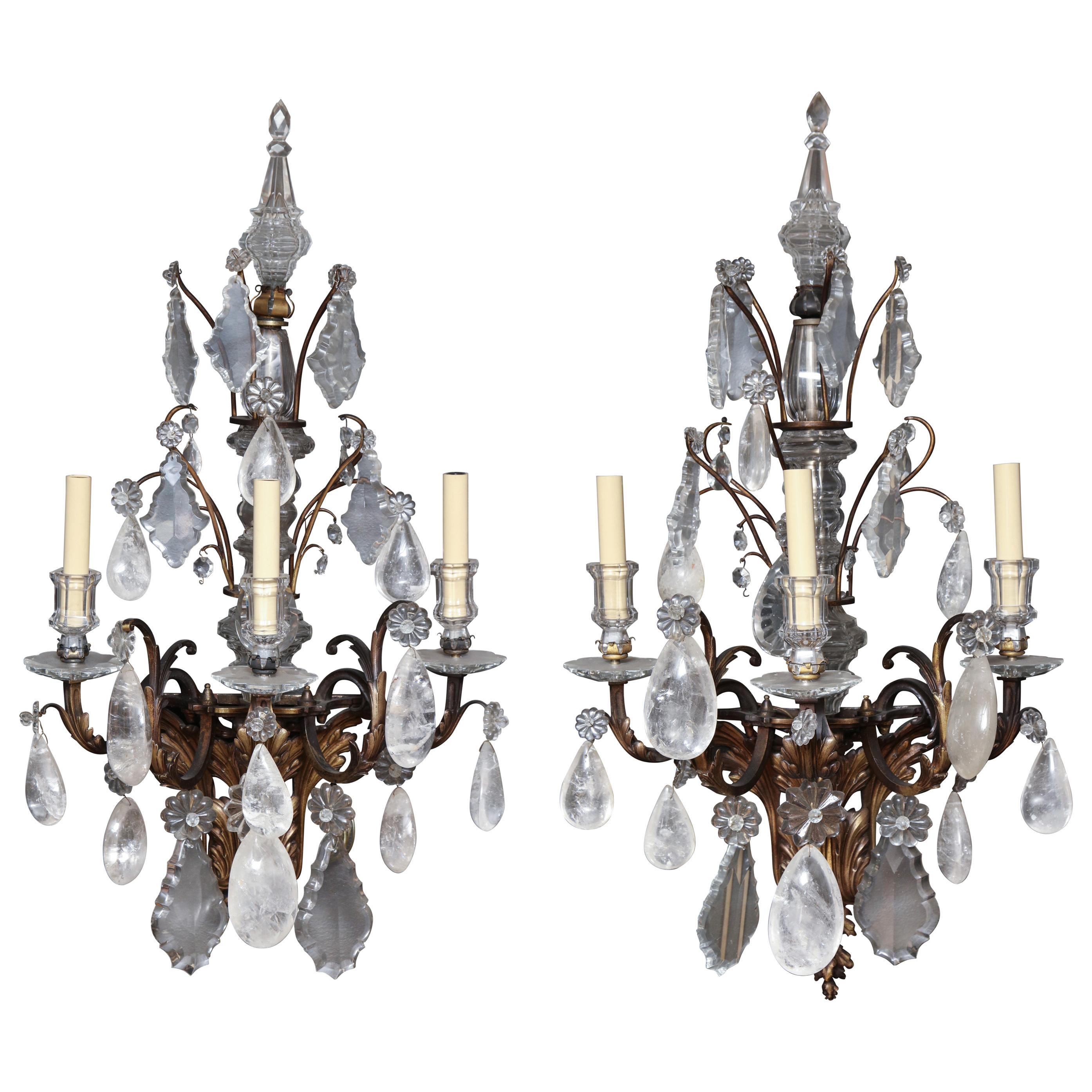 Pair of French Regence Bronze and Rock Crystal Sconces