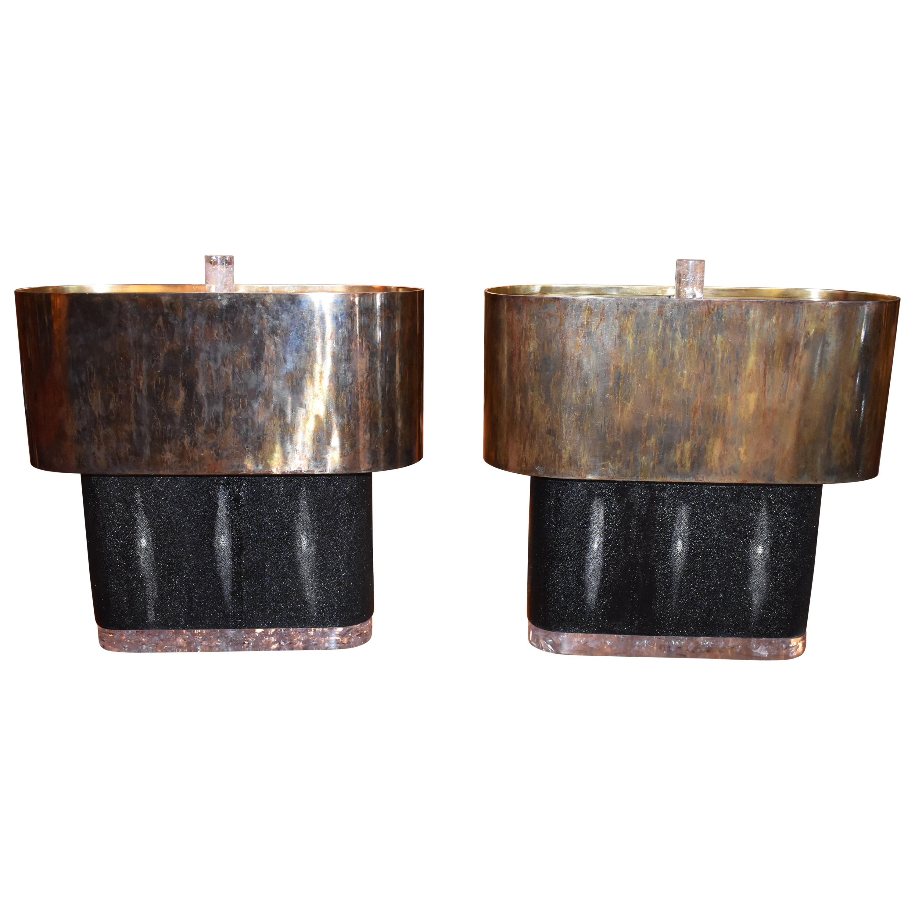 Pair of Large Shagreen and Resin with Brass Shades