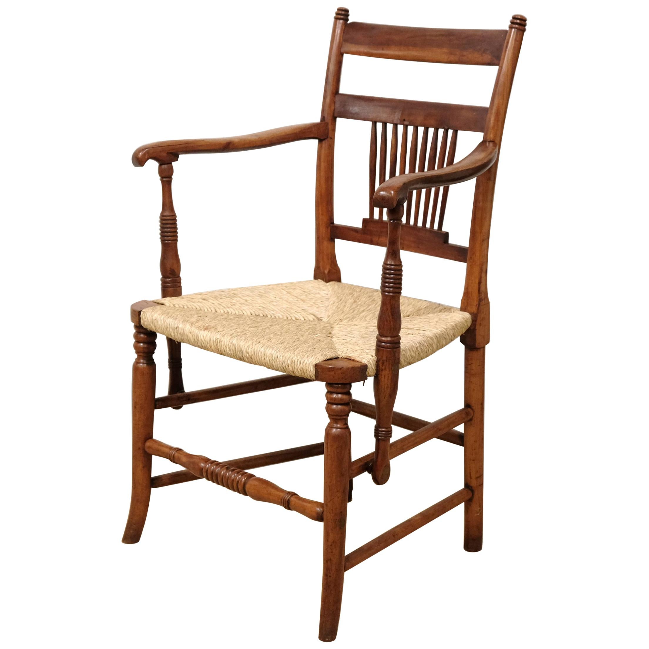English Fruitwood Windsor Chair with Rush Seat, East Anglia, Rich Color